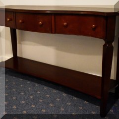 F52. South Cone furniture 3-drawer console table with leather top. Some wear to leather. 34”h x58”w x 17”d - $295 